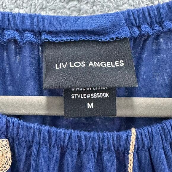 LIV Los Angeles Medium Blue Long Sleeve Blouse Floral Embroidery Boho - Picture 2 of 9